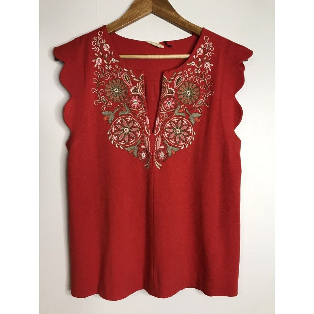 Akemi + Kin Anthropologie Binah Tank Sleeveless Blouse Red Beaded Embroidered S